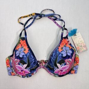 Johnny Was Bikini Top Women Small Floral Neon Jungle Padded Swim Swimsuit NEW S